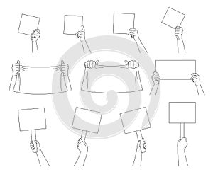 Hand collection. Hands holding signs, posters and blanks.  Vector photo